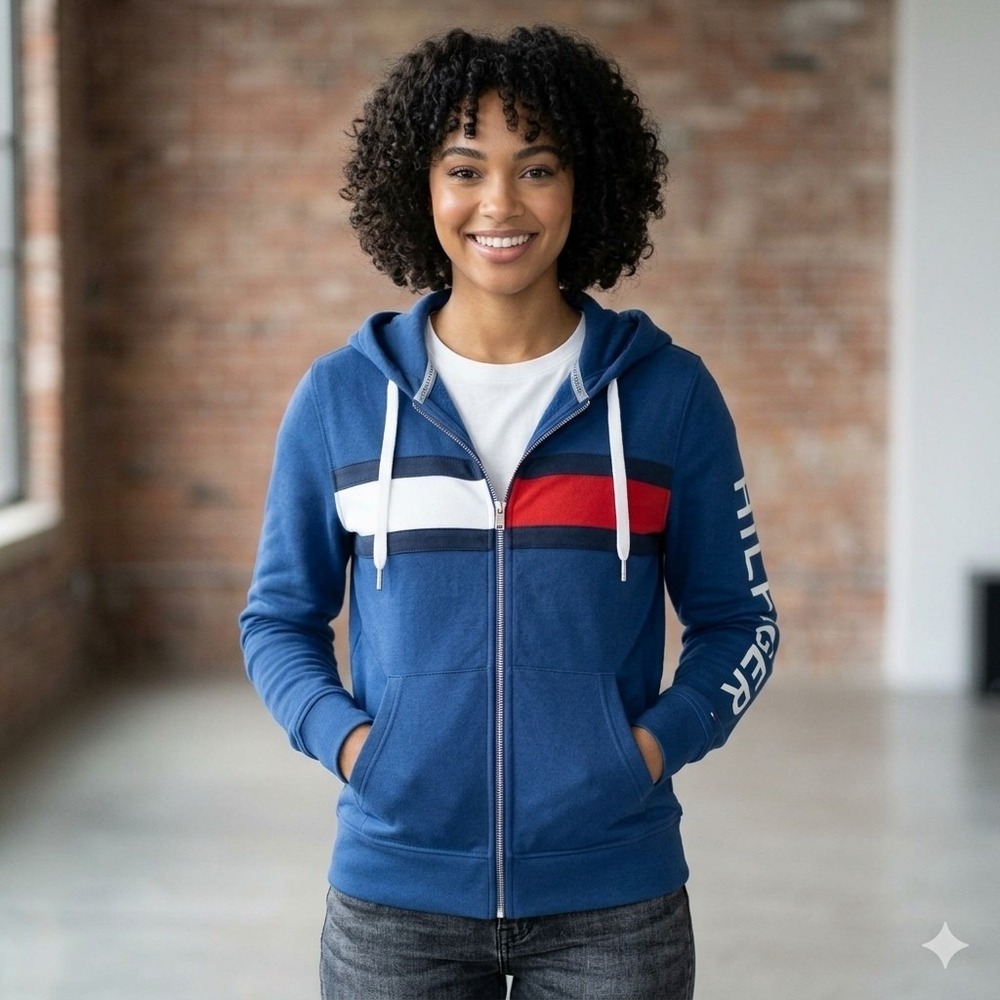 Tommy Hilfiger Sport Colorblock Full Zip Hoodie Logo Pockets Blue Sz  1X Preppy